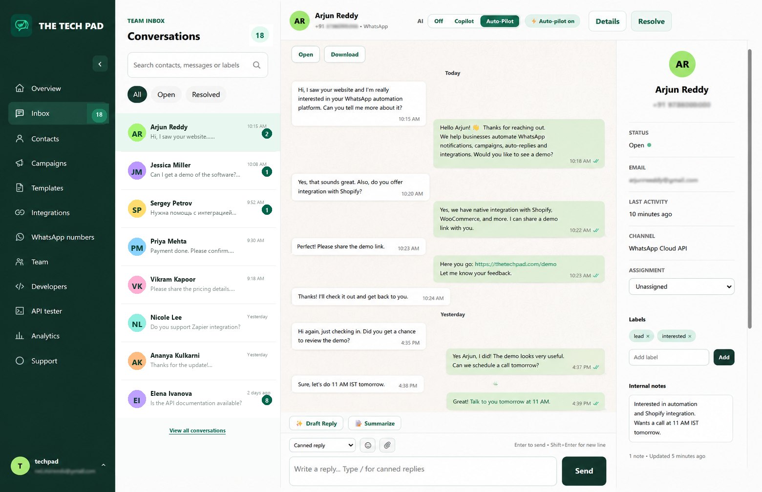 The Tech Pad multi-agent inbox with team assignment and AI suggested replies